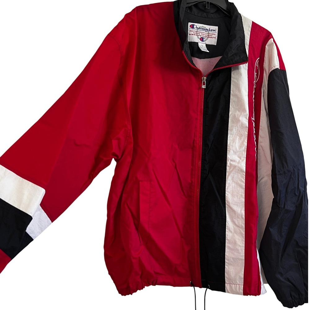 Champion Mens XL Colorblock Windbreaker Jacket Red Black White Full Zip Mesh